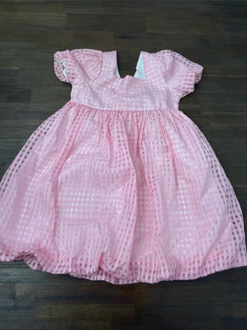 Jolie Pink Check Overlay Puff Sleeve Dress